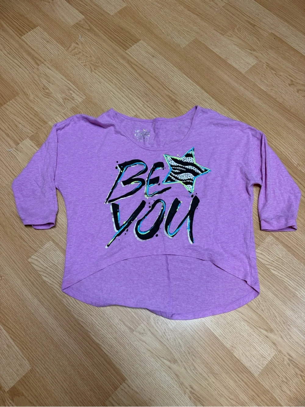 Justice Girls Be You Graphic High Low Top Purple Animal Print Star Tee Size 12